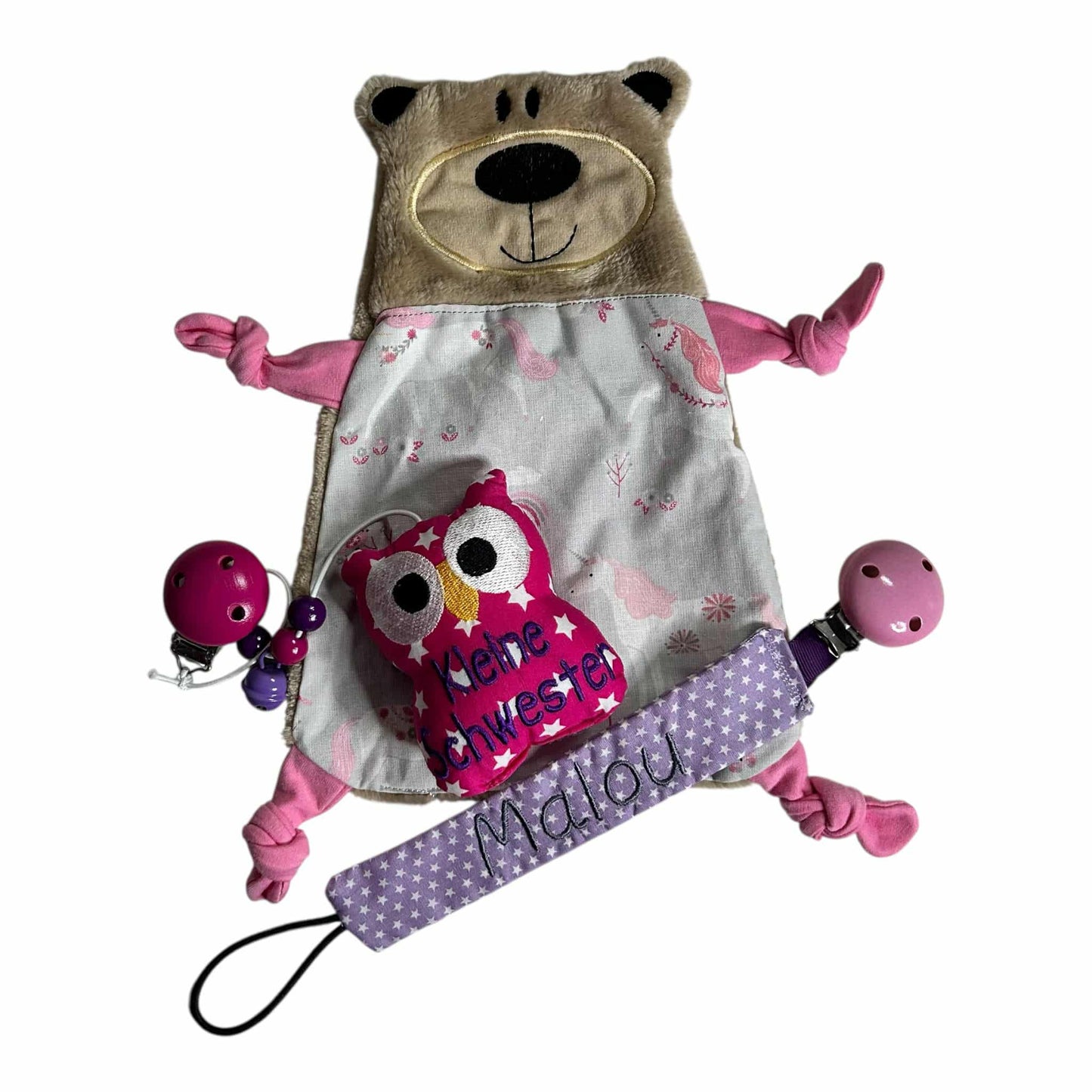 Baby-Paket 3 als Megaset zum Sonderpreis - Kinderwagenclip , Schnuffeltuch & Schnullerband mit Namen personalisierbar für Jungen und Mädchen