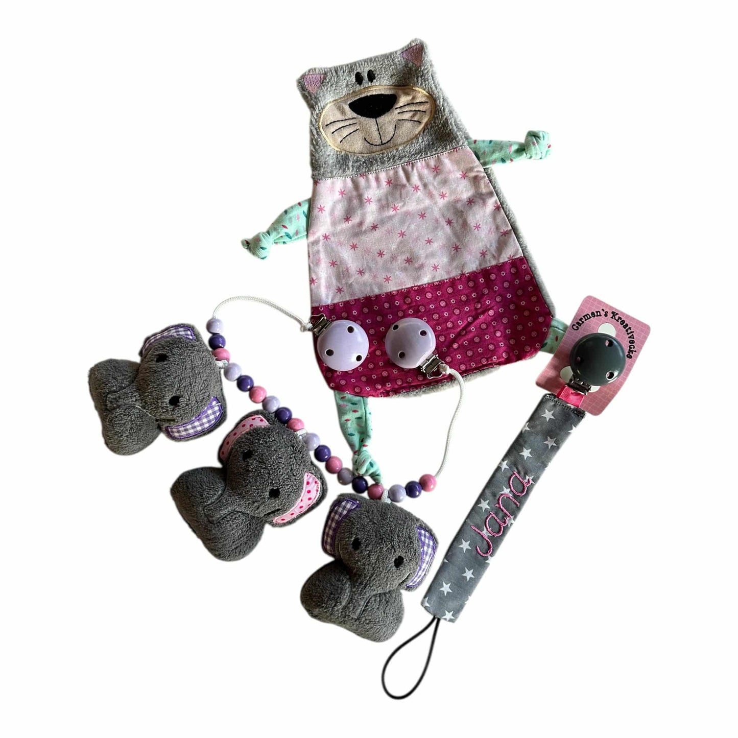 Baby-Paket 2 als Megaset zum Sonderpreis - Kinderwagenkette , Schnuffeltuch & Schnullerband mit Namen personalisierbar für Jungen und Mädchen
