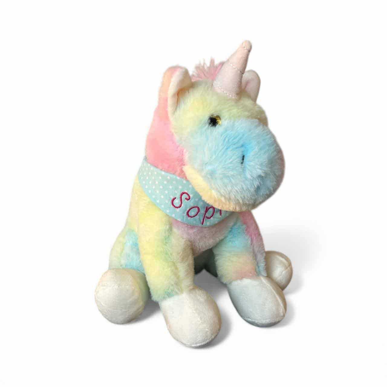 Happy Rainbow das bunte Einhorn - personalisiertes Kuscheltier mit Namenshalstuch in unterschiedlichen Designs