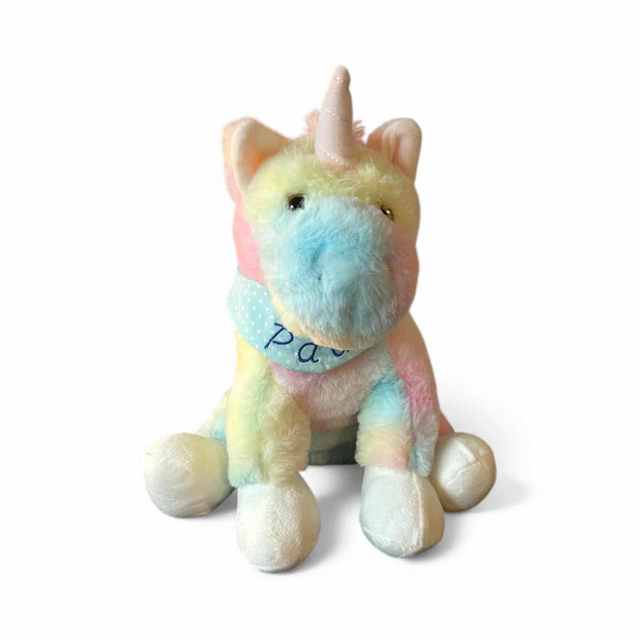 Happy Rainbow das bunte Einhorn - personalisiertes Kuscheltier mit Namenshalstuch in unterschiedlichen Designs