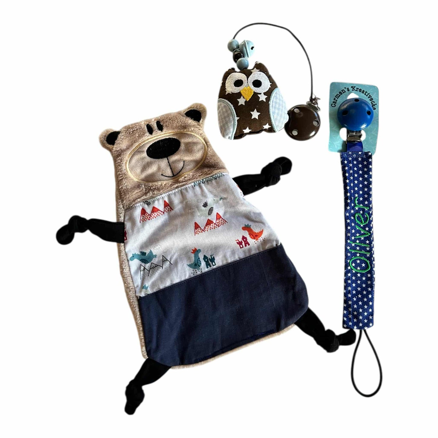 Baby-Paket 3 als Megaset zum Sonderpreis - Kinderwagenclip , Schnuffeltuch & Schnullerband mit Namen personalisierbar für Jungen und Mädchen