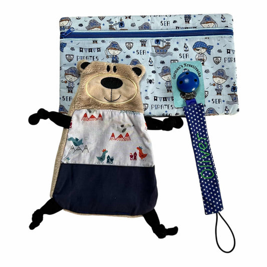 Baby-Paket 4 als Megaset zum Sonderpreis - Ritsch-Ratsch-Tasche als Windeltasche o.ä. , Schnuffeltuch & Schnullerband mit Namen personalisierbar für Jungen und Mädchen