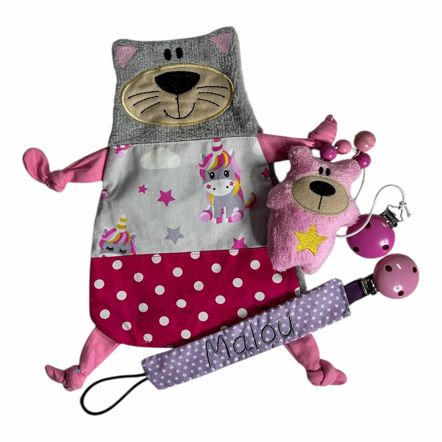 Baby-Paket 3 als Megaset zum Sonderpreis - Kinderwagenclip , Schnuffeltuch & Schnullerband mit Namen personalisierbar für Jungen und Mädchen