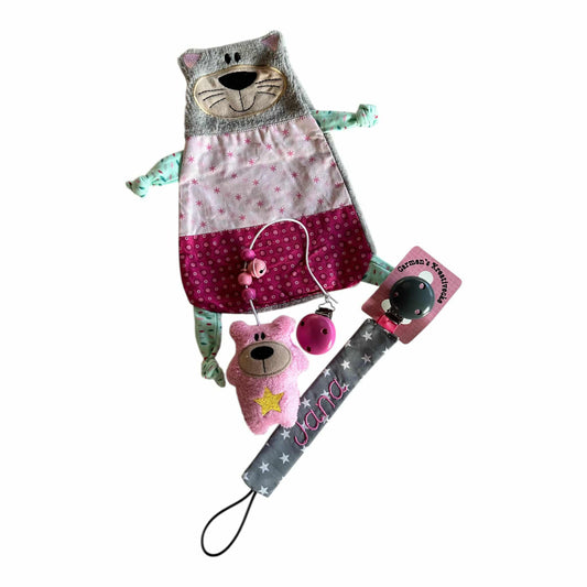 Baby-Paket 3 als Megaset zum Sonderpreis - Kinderwagenclip , Schnuffeltuch & Schnullerband mit Namen personalisierbar für Jungen und Mädchen
